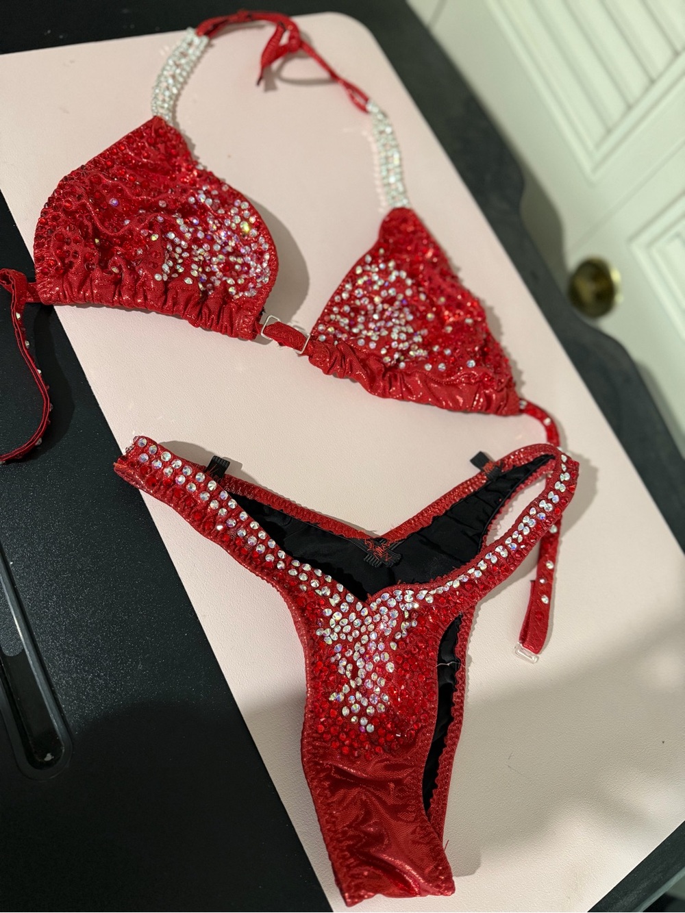 Red Crystal Embellished Bikini Set